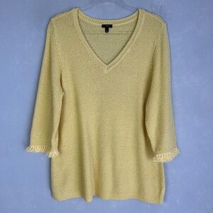Talbots plus size 1X open knit sweater yellow v-neck 3/4 sleeve w/ fringe cotton
